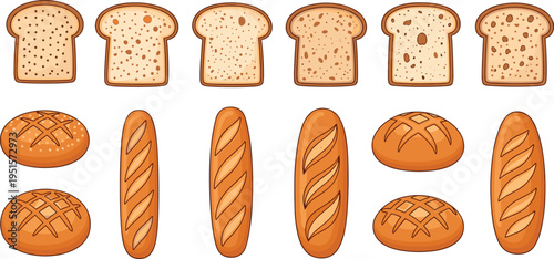 Bread types flat vector illustration set featuring sliced bread baguette round loaf bakery collection isolated food icons for bakery menu design