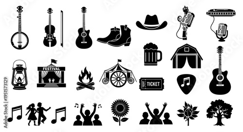Vintage Rustic Bluegrass Music Icon Pack Featuring Barn Dance Festival Instruments And Traditional Country Culture Elements