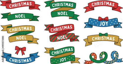 Festive Christmas and Noel Ribbon Banner Vector Illustration Set