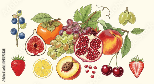 Vibrant still life of assorted fresh fruits including berries, citrus, and stone fruits arranged on a cream background with lush green leaves.