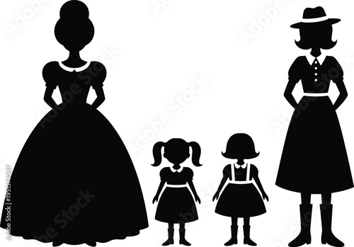 Female silhouettes, Victorian dress, modern fashion, generational style, mother daughter, women figures, fashion evolution, historical clothing, family, heritage, tradition, illustration