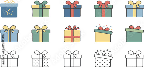 Colorful Gift Box Icon Set for Holidays and E-commerce Rewards