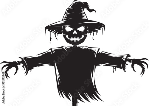 Black scarecrow with skull face and witch hat halloween