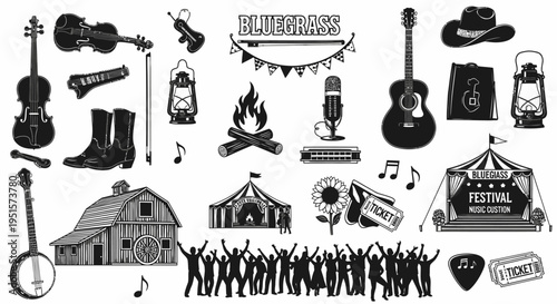 Hand Drawn Style Bluegrass Festival Icon Set Featuring Folk Instruments Country Music Culture And Artistic Line Elements