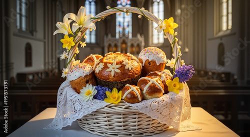 Easter bread basket decorated with flowers in church interior  