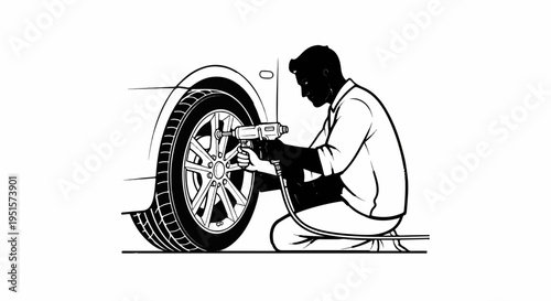 Mechanic working on a car tire with a power tool