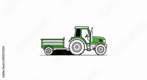 Green tractor with attached trailer, drawn simply