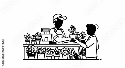 Florist handing a potted plant to a customer at a counter