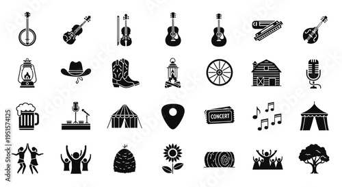 Vintage Inspired Bluegrass Acoustic Music Festival Icon Collection With Classic Country Instruments And Live Performance Elements