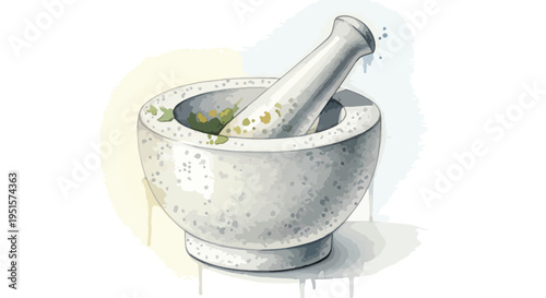Illustration of a mortar and pestle with green herbs and flowers on a white background with soft yellow and blue watercolor splotches.