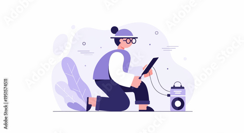 Flat illustration of person interacting with tech device and device