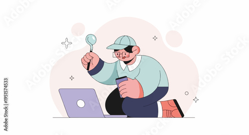 Character with magnifying glass and laptop, person focused on discovery