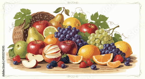 Still life of assorted fresh fruits spilling out of a wicker basket onto a wooden surface against a white background.