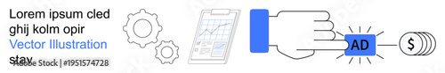 Digital marketing, online advertising, revenue generation, user interaction, business growth, financial impact. A hand clicking an ad icon with gears, graphs and dollar symbols. Digital marketing