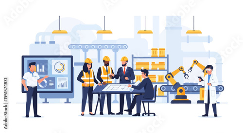 Smart Factory Automation: Diverse Engineers & Workers Collaborate on Production Planning with Robotics, Data Monitoring & Industry 4.0 Technologies