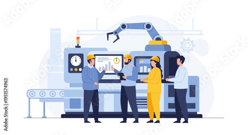 Smart Factory Team Discussing Production Data. Engineers and Managers Overseeing Industrial Automation & Process Optimization with Robotic Arm