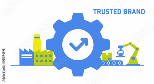 Trusted Brand Manufacturing: Quality & Efficiency Icon. Factory Production Process, Industrial Gear with Checkmark & Growth Arrow Symbol.