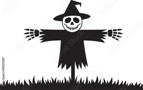 Black scarecrow with skull face and witch hat on white background