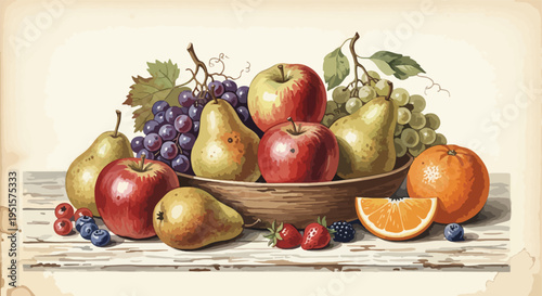 Still life of assorted fresh fruits in a wooden bowl on a rustic table against a beige background with warm tones.