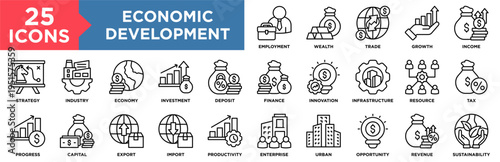Economic Development Icon Set Collection. Icon Pack Contain Finance, Investment, Income, Wealth, Industry, Trade, Innovation, Productivity, Economy, Import, Export