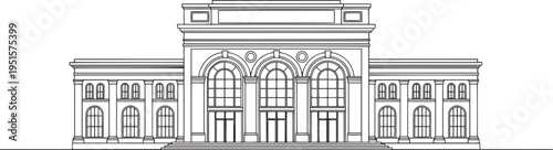 Detailed architectural drawing of a large building with columns and arches