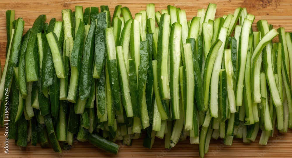 Fototapeta premium Green cucumber cut into slender thin strips for cooking