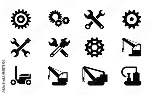 Industrial construction icons set including gear wrench crane and tractor symbols in black silhouette on white background for engineering manufacturing and architecture designs