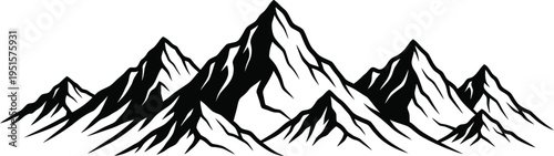 a striking black and white illustration depicts a series of jagged mountain peaks against a plain background showcasing a minimalist landscape