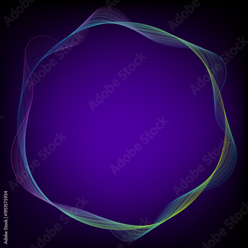 Abstract circle curve lines, wavy round frame colorful text border on black purple background with empty space for text. Vector rainbow circle frame graphic design