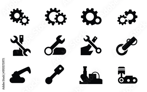 Collection of black industrial tools and machinery icons including gears wrenches and equipment on white background for engineering and manufacturing concepts
