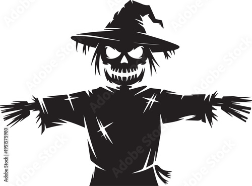Black scarecrow with skull face and witch hat white background