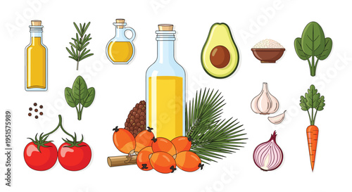 A diverse collection of cooking ingredients including various oils, herbs, vegetables, and palm fruits is arranged on a clean white background.