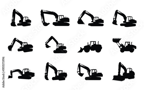 Collection of heavy machinery silhouettes including excavators and tractors for construction and industrial concepts
