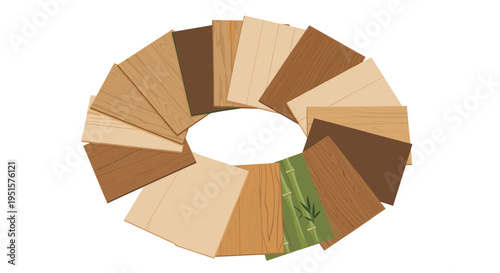 Various rectangular wooden planks and one bamboo-patterned plank are arranged in a circular pattern on a clean white background.