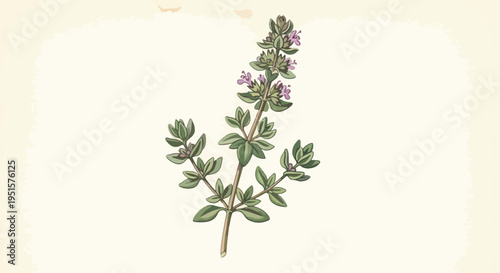 Detailed illustration of a flowering plant with green leaves and purple blooms against a soft, cream-colored background.