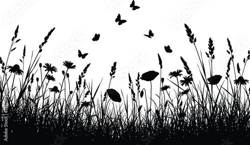a minimalistic scene depicting silhouetted wildflowers grasses and a small flock of birds taking flight against a bright white background