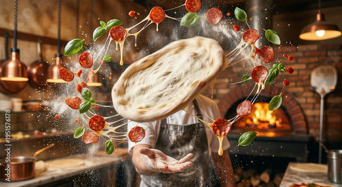 Ingredient Toss Moment
“A chef tossing pizza dough in the air while fresh ingredients like tomatoes, flour, and basil float around, dynamic motion blur, energetic kitchen scene, warm lighting”