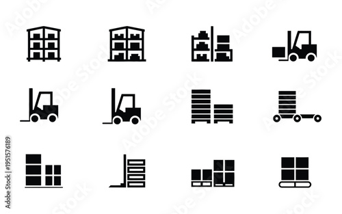Warehouse and logistics icons set including forklifts pallets and storage facilities in black silhouette on white background