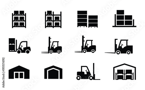 Warehouse icons set including forklifts pallets shelves and storage buildings on white background for logistics and industry concepts