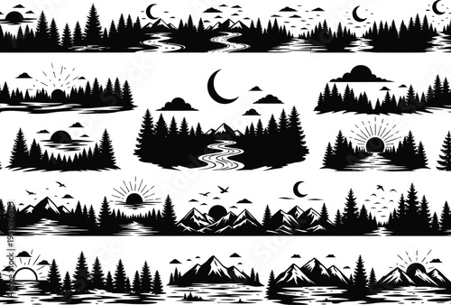 a seamless pattern featuring silhouetted landscapes with mountains forests rivers the sun moon and birds creating a scenic vista high quality