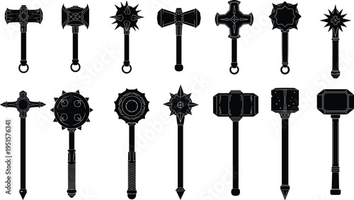 Collection of medieval fantasy maces and war hammers silhouettes detailed weapon vector illustration set isolated on light background for game design assets