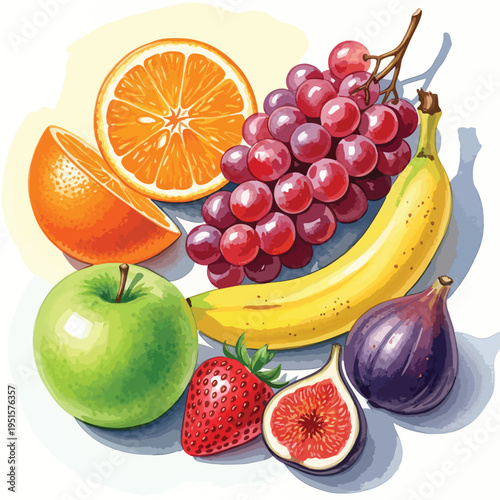 Colorful still life of sliced and whole fruits including banana, grapes, orange, apple, fig, and strawberries on a clean white background with a vibrant and healthy mood.