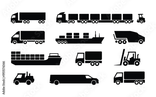 Various black silhouettes of trucks cargo ships and forklifts on white background for logistics and transportation concepts