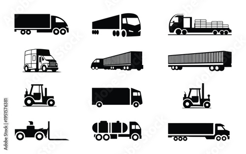 Collection of black truck and forklift vehicle silhouettes for logistics and transportation concepts