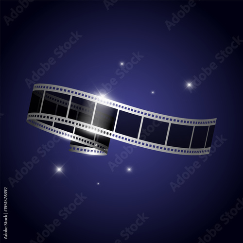 Shiny folded silver filmstrip tape on dark transparent background with sparkling stars. Movie film ribbon. Vector illustration