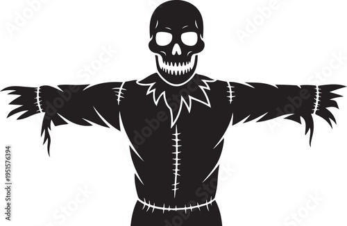 Black scarecrow with skull head and stitched body skeleton