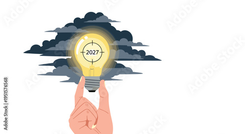 A hand gently holds a glowing light bulb with 2027 and a target symbol inside, surrounded by dark clouds.