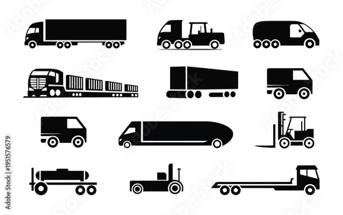 Collection of various black silhouettes of trucks semi trucks vans and forklifts on white background for logistics and transportation concepts