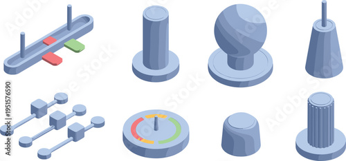 Isometric, control, elements, UI, sliders, knobs, switches, dashboard, interface, 3D, vector, design, minimal, technology, settings, controls, illustration, modern, toolkit, components