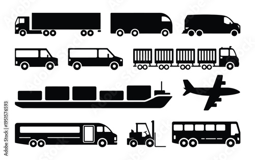Variety of transportation vehicles and logistics icons in black silhouettes on white background for shipping and delivery concepts